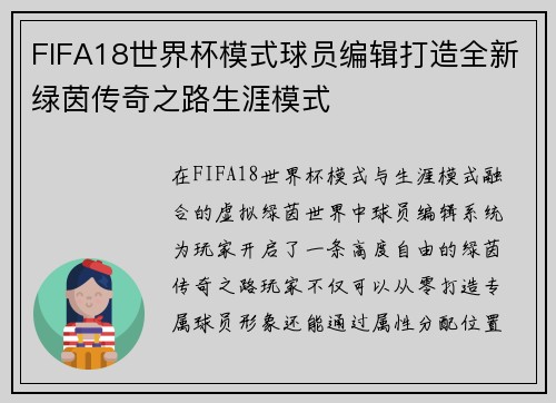 FIFA18世界杯模式球员编辑打造全新绿茵传奇之路生涯模式 FIFA18世界杯模式球员编辑打造全新绿茵传奇之路生涯模式